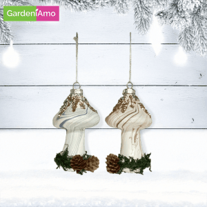 Funghi in Vetro 12 cm con Decorazioni a Pigne – Colori Assortiti