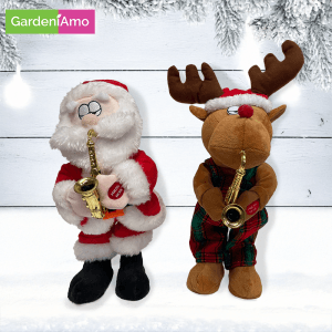 Babbo E Renna Sax Con Movimento E Musica A Batteria, H.36 Cm