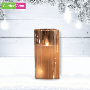 Candela LED Cilindro in Vetro Ambra – H 17,5 cm, Effetto Fiamma Reale