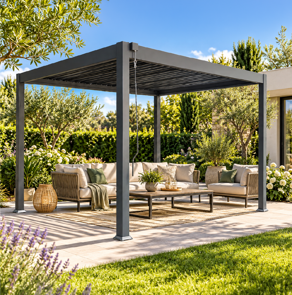 Pergola bioclimatica Dubai in un giardino estivo